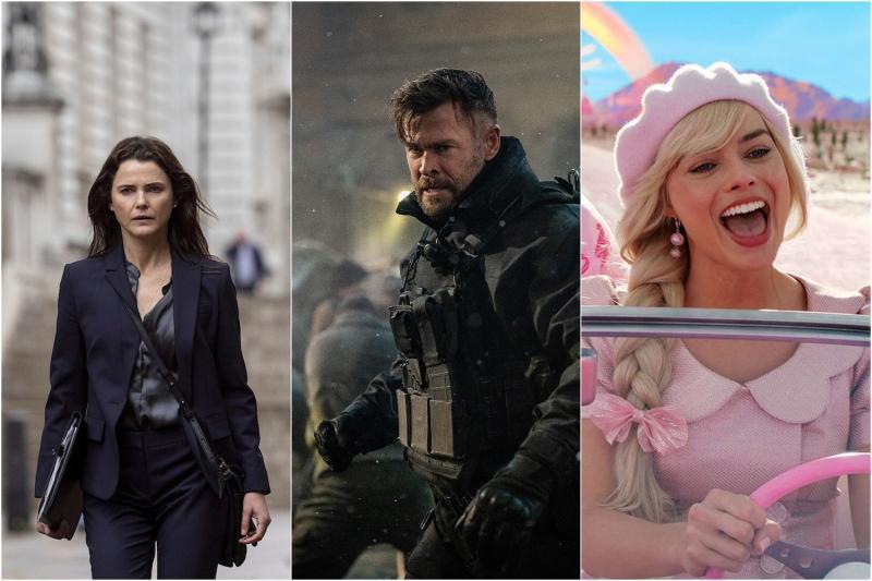 Photo collage of Diplomat, Extraction 2 and Barbie movies.